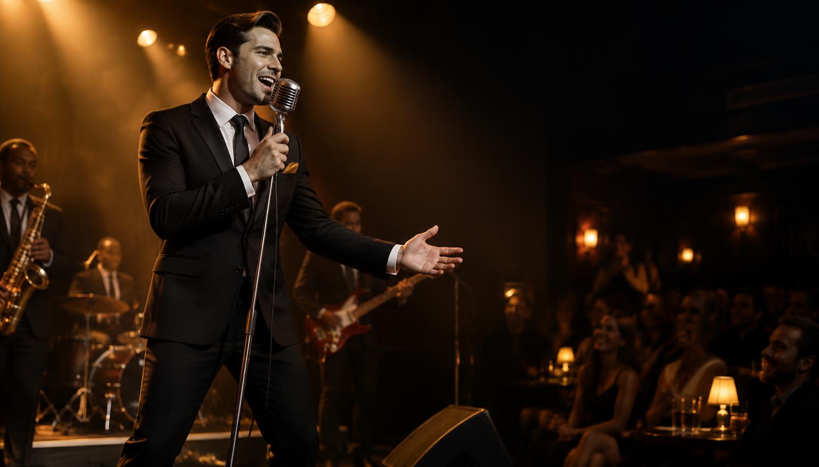 Fictional soul singer Jack Sullivan performing under amber stage lights